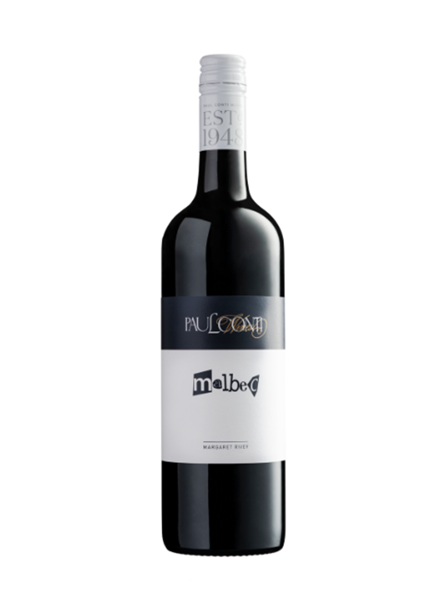 A bottle of wine from Paul Conti. it's the Paul Conti Margaret River malbec of 2022