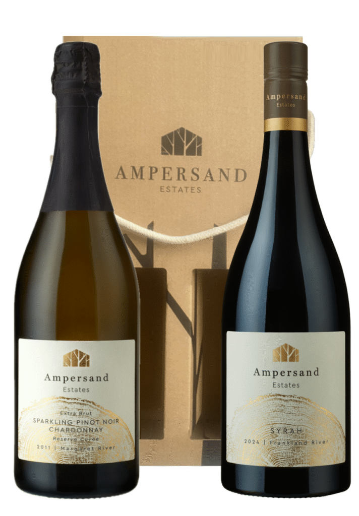 A bottle of Ampersand Sparkling & 2024 Ampersand Syrah in an ampersand gift box.