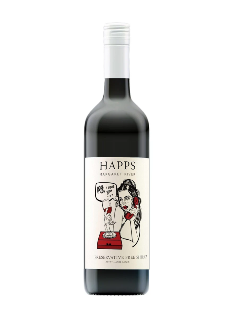 bottle of wine from Happs Winery. Label says it's their 2023 PF Shiraz