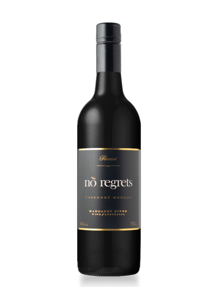 Pecavvi no regrets cab merlot wine bottle.