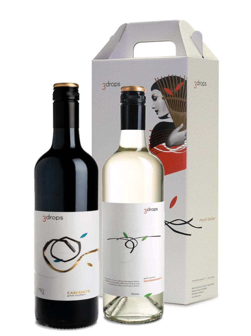 3drops sauvignon blanc and cabernet wine bottles in a 3drops gift box