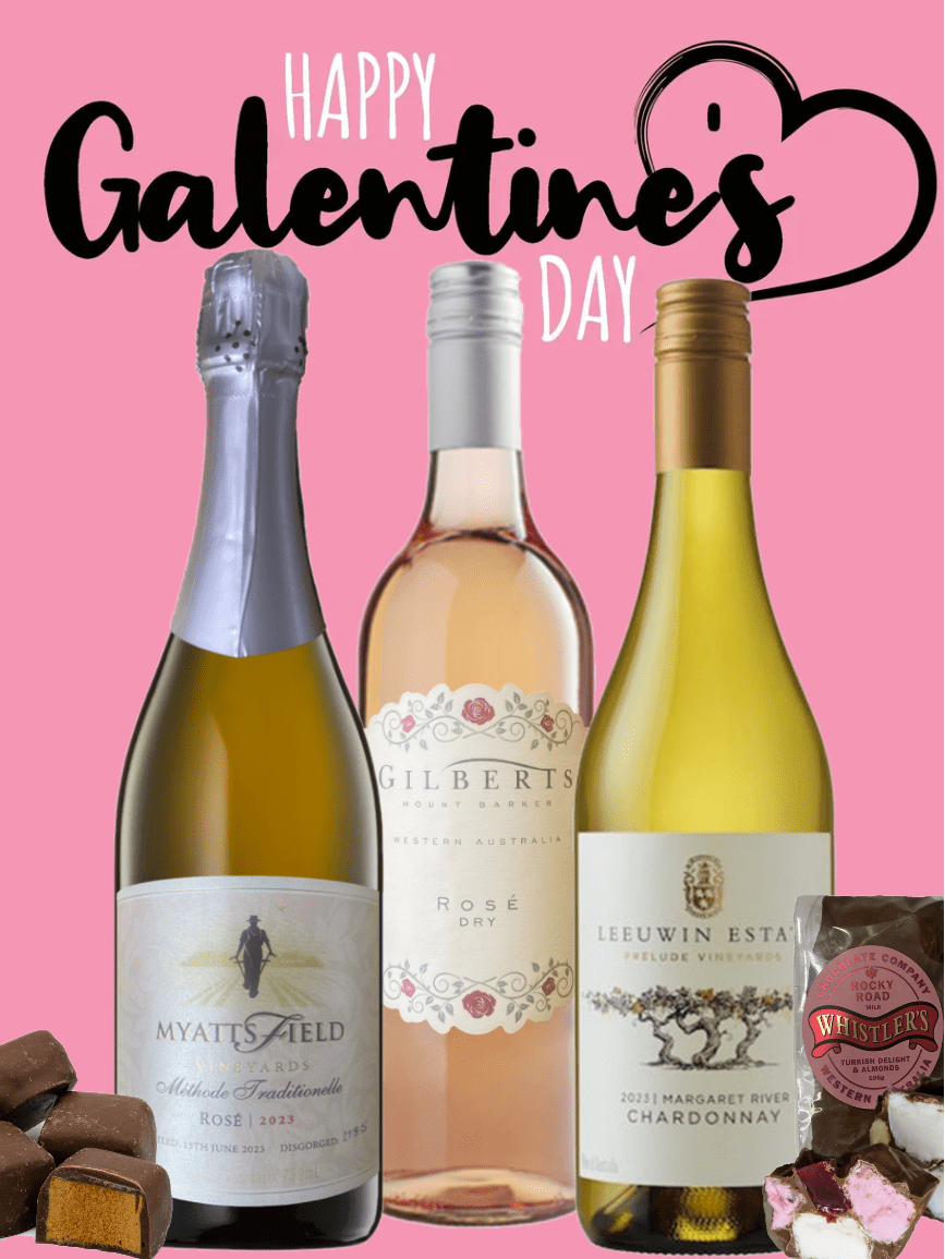 galentines day wine gift with 3 bottles of wine. Myattsfield Sparkling, Gilberts Rose & Leeuwin Estate Chardonnay with whistlers chocolate
