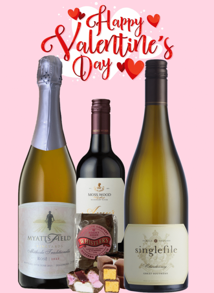 valentines day wine and chocolate gift pack. Myattsfield Sparkling wine, Moss Wood Amy's blend & Singlefilefile great southern chardonnay