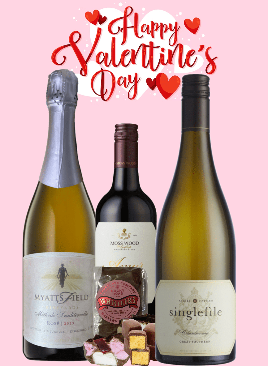 valentines day wine and chocolate gift pack. Myattsfield Sparkling wine, Moss Wood Amy's blend & Singlefilefile great southern chardonnay