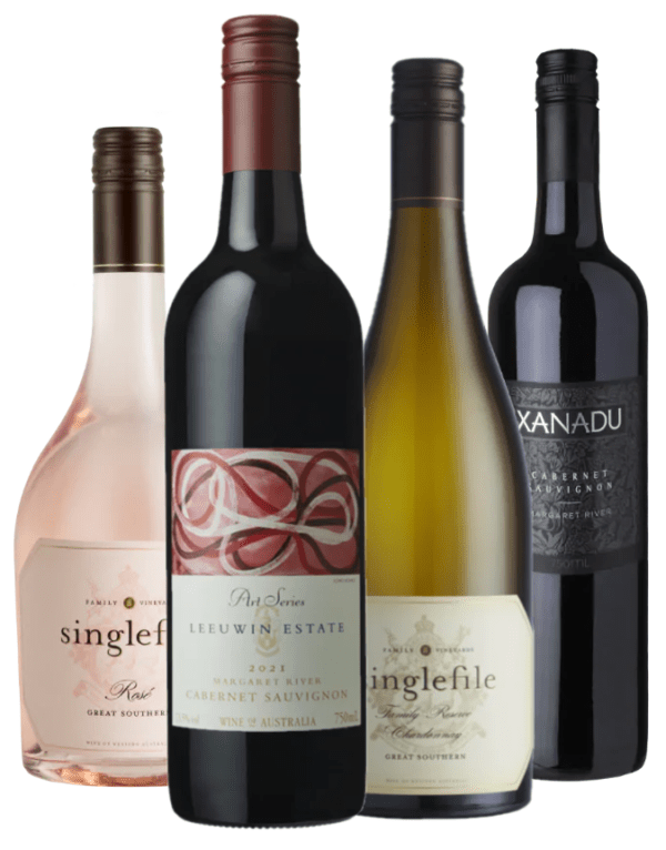 Singlefile rose, leeuwin cabernet, singlefile Chardonnay, Xanadu Cabernet wine bottles