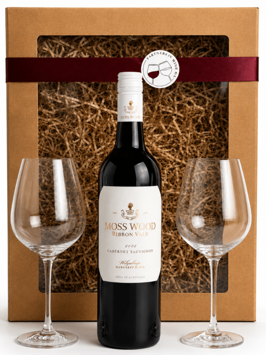 Moss Wood Cabernet Sauvignon wine bottle & plumm red wine glasses in a gift box