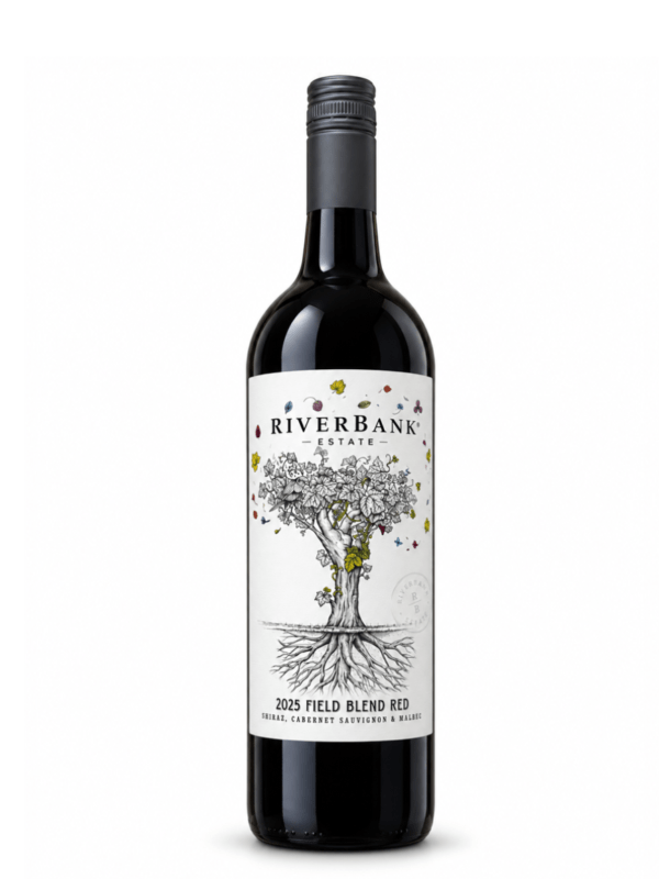 riverbank estate red field blend 2025 wine bottle. It's a blend of Shiraz, Cabernet & Malbec