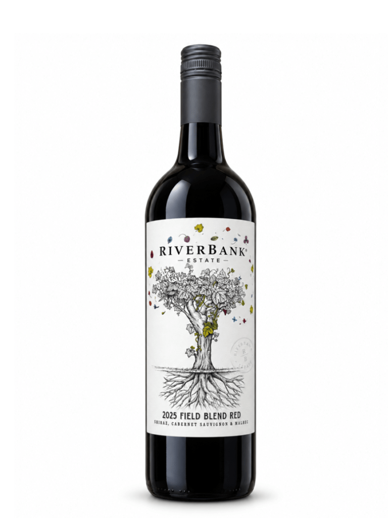 riverbank estate red field blend 2025 wine bottle. It's a blend of Shiraz, Cabernet & Malbec