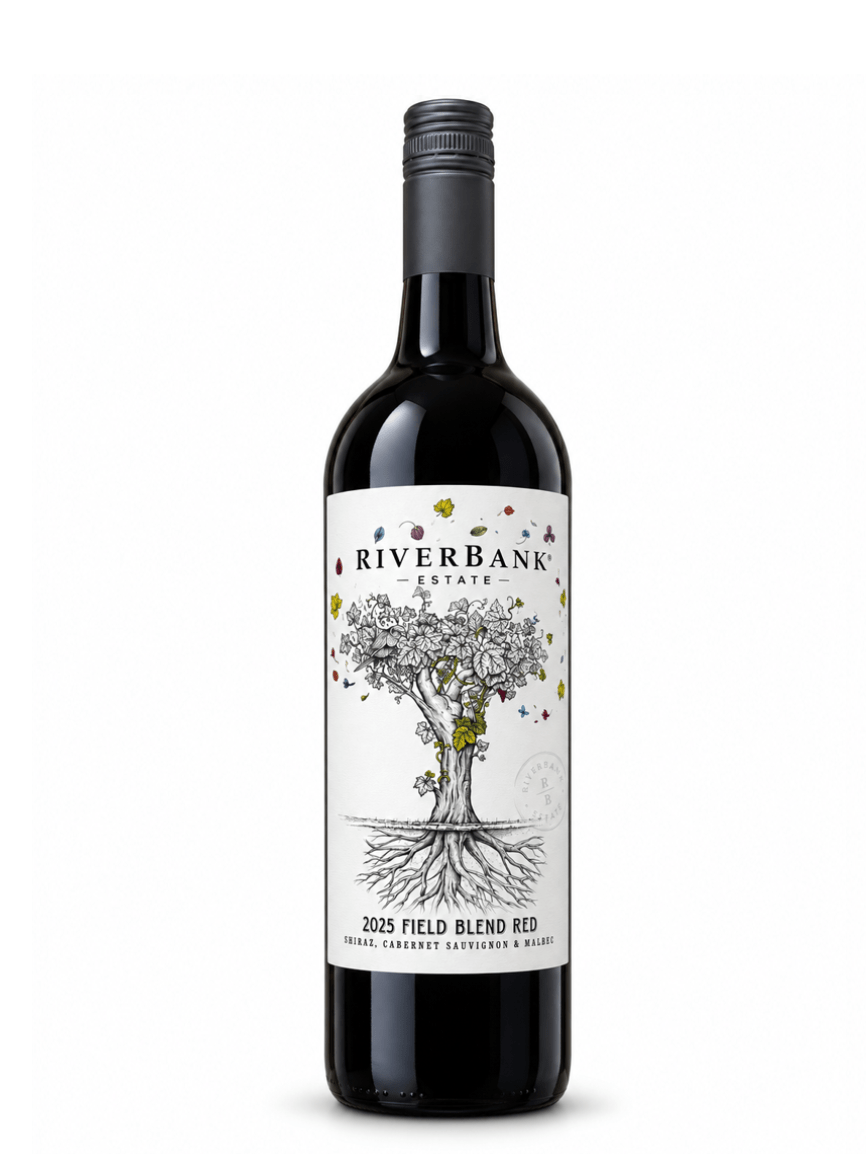 riverbank estate red field blend 2025 wine bottle. It's a blend of Shiraz, Cabernet & Malbec